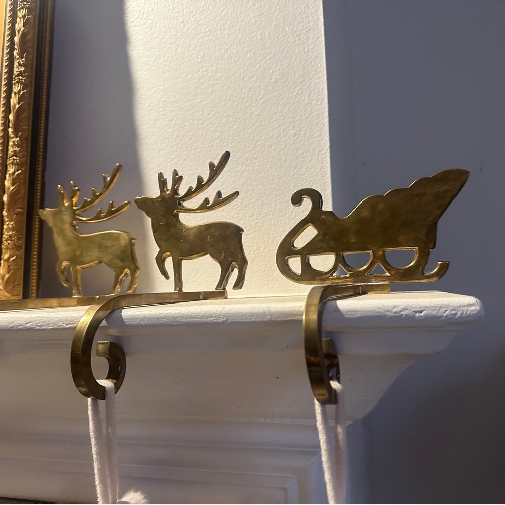 Vintage Brass Gold Reindeer and Sleigh Stocking Hangers for Christmas - Picture 5 of 12